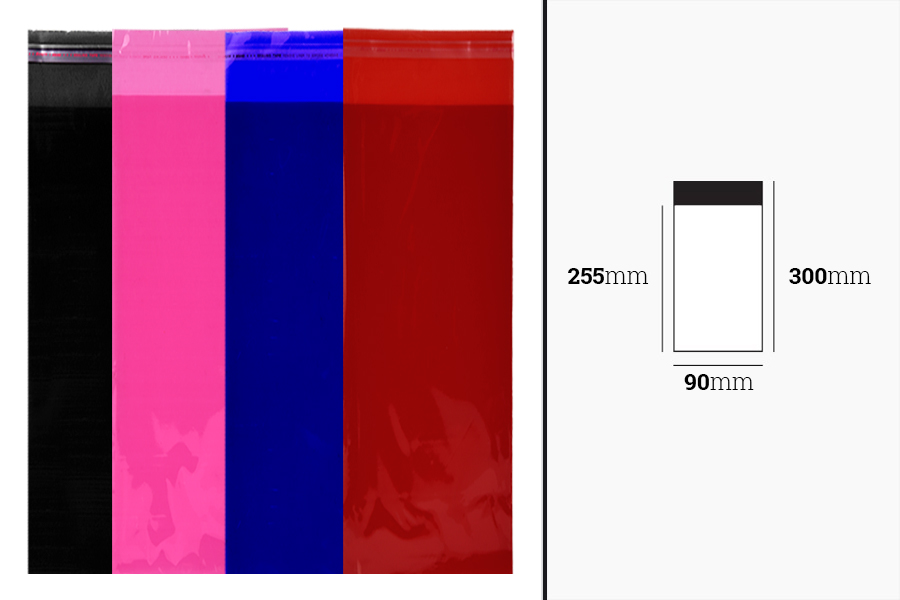 Çeşitli renklerde kendinden yapışkanlı kapamalı 90x300 mm yarı saydam torbalar - 100 adet