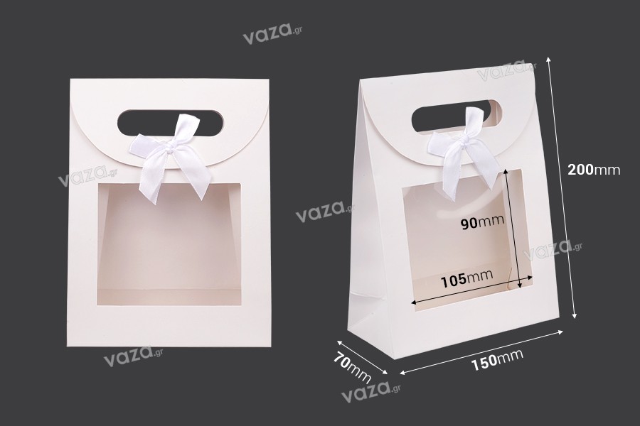 Paper gift bag 150x70x200 mm in white color with self-adhesive closure, window and bow - 12 pcs