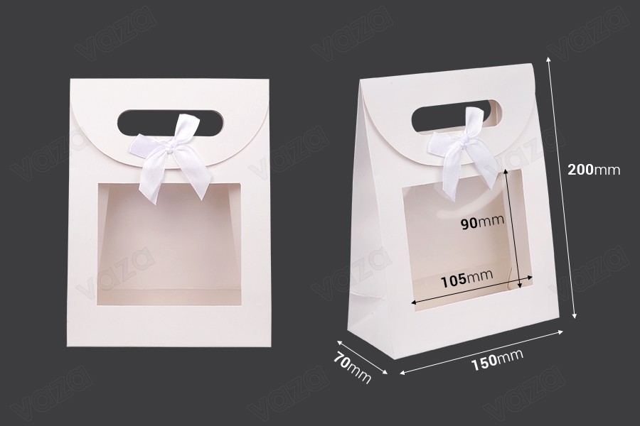 Geschenkpapiertüte 150x70x200 mm in weißer Farbe mit Klettverschluss, Sichtfenster und Schleife - 12 Stück-bildabmessungen