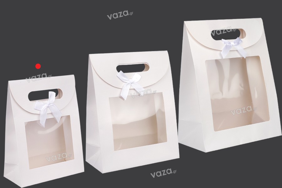 Paper gift bag 150x70x200 mm in white color with self-adhesive closure, window and bow - 12 pcs