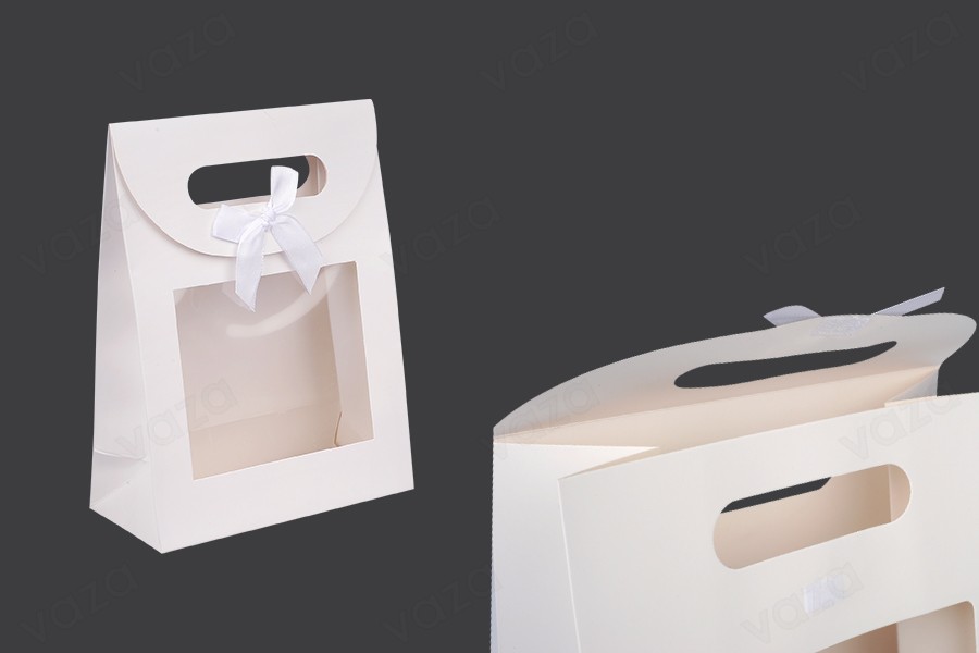 Paper gift bag 150x70x200 mm in white color with self-adhesive closure, window and bow - 12 pcs-photo_produit