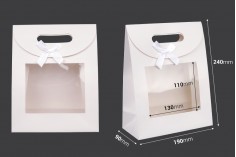 Paper gift bag 190x90x240 mm in white color with self-adhesive closure, window and bow - 12 pcs