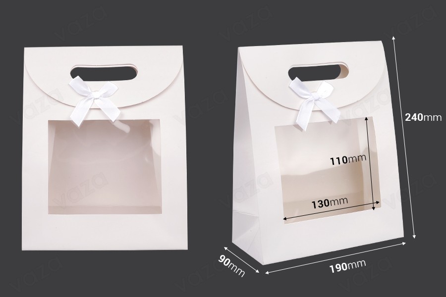 Paper gift bag 190x90x240 mm in white color with self-adhesive closure, window and bow - 12 pcs Paper gift bag 190x90x240 mm in white color with self-adhesive closure, window and bow - 12 pcs-εικόνα_διαστάσεις
