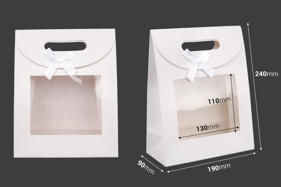 Geschenkpapiertüte 190x90x240 mm in weißer Farbe mit Klettverschluss, Sichtfenster und Schleife - 12 Stück Geschenkpapiertüte 190x90x240 mm in weißer Farbe mit Klettverschluss, Sichtfenster und Schleife - 12 Stück
