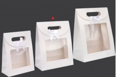 Paper gift bag 190x90x240 mm in white color with self-adhesive closure, window and bow - 12 pcs