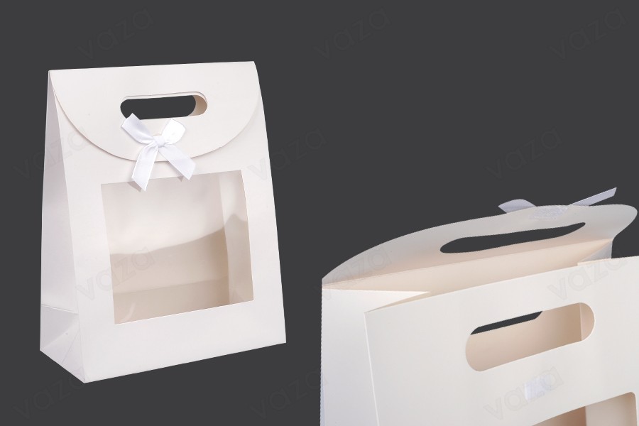 Paper gift bag 190x90x240 mm in white color with self-adhesive closure, window and bow - 12 pcs Paper gift bag 190x90x240 mm in white color with self-adhesive closure, window and bow - 12 pcs-εικόνα_προϊοντική