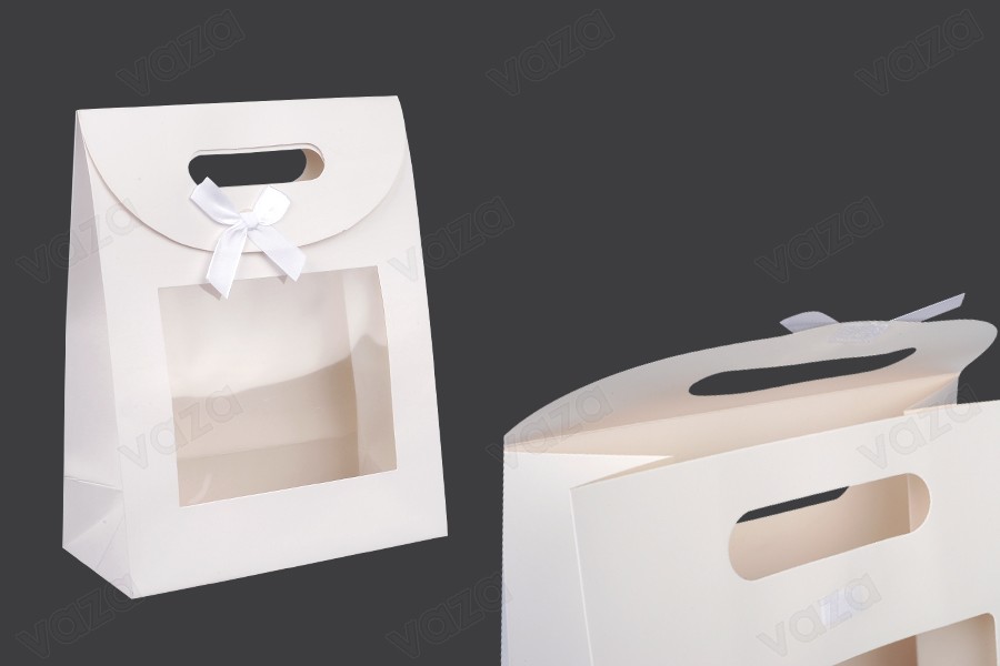 Geschenkpapiertüte 190x90x240 mm in weißer Farbe mit Klettverschluss, Sichtfenster und Schleife - 12 Stück-produktbild