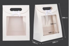 Paper gift bag 220x120x290 mm in white color with self-adhesive closure, window and bow - 12 pcs