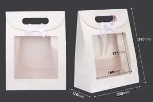 Geschenkpapiertüte 220x120x290  mm in weißer Farbe mit Klettverschluss, Sichtfenster und Schleife - 12 Stück-2
