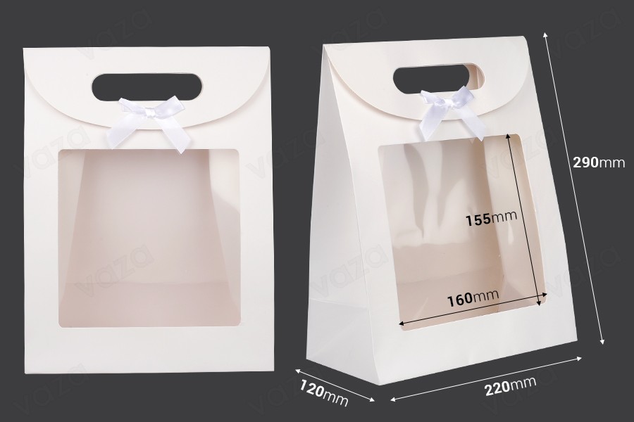 Paper gift bag 220x120x290 mm in white color with self-adhesive closure, window and bow - 12 pcs Paper gift bag 220x120x290 mm in white color with self-adhesive closure, window and bow - 12 pcs-photo_dimensions