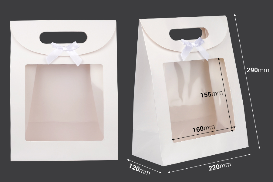 Paper gift bag 220x120x290 mm in white color with self-adhesive closure, window and bow - 12 pcs Paper gift bag 220x120x290 mm in white color with self-adhesive closure, window and bow - 12 pcs
