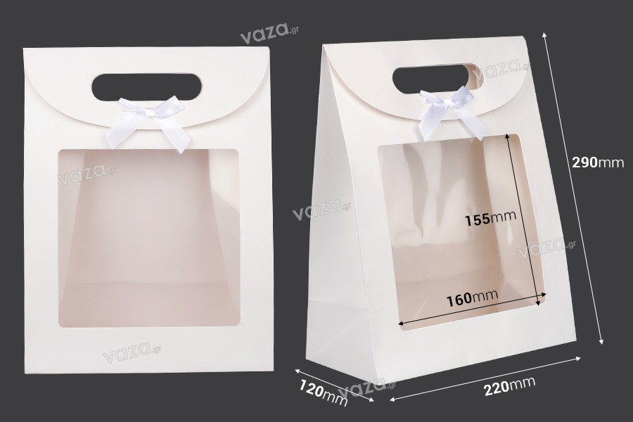 Paper gift bag 220x120x290 mm in white color with self-adhesive closure, window and bow - 12 pcs