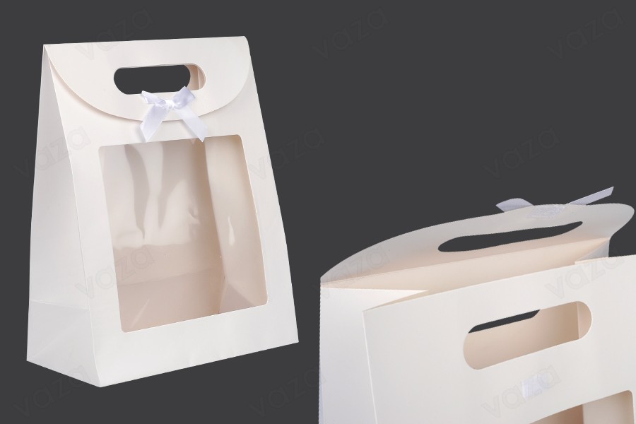 Paper gift bag 220x120x290 mm in white color with self-adhesive closure, window and bow - 12 pcs Paper gift bag 220x120x290 mm in white color with self-adhesive closure, window and bow - 12 pcs-photo_produit