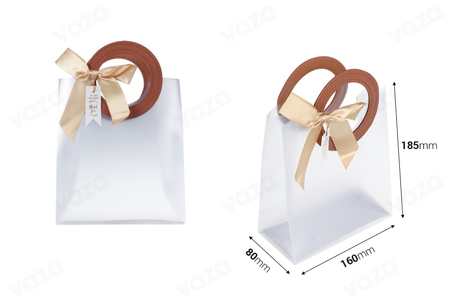 Gift bag plastic 160x80x185 mm semi transparent with bow and handle in leather texture - 12 pcs Gift bag plastic 160x80x185 mm semi transparent with bow and handle in leather texture - 12 pcs-photo_dimensions