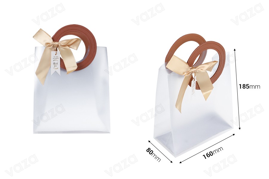 Geschenktüte aus Plastik 160x80x185 mm halb-durchsichtig mit Schleife und Griff in Lederdruck - 12 Stück-bildabmessungen