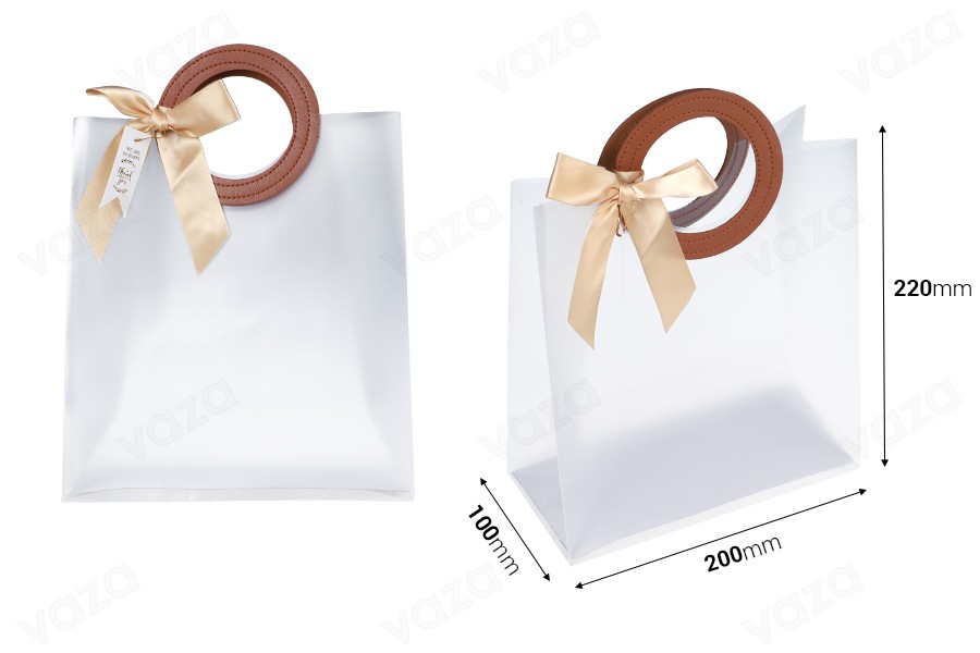 Gift bag plastic 200x100x220 mm semi transparent with bow and handle in leather texture - 12 pcs Gift bag plastic 200x100x220 mm semi transparent with bow and handle in leather texture - 12 pcs-photo_dimensions