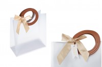 Gift bag plastic 200x100x220 mm semi transparent with bow and handle in leather texture - 12 pcs