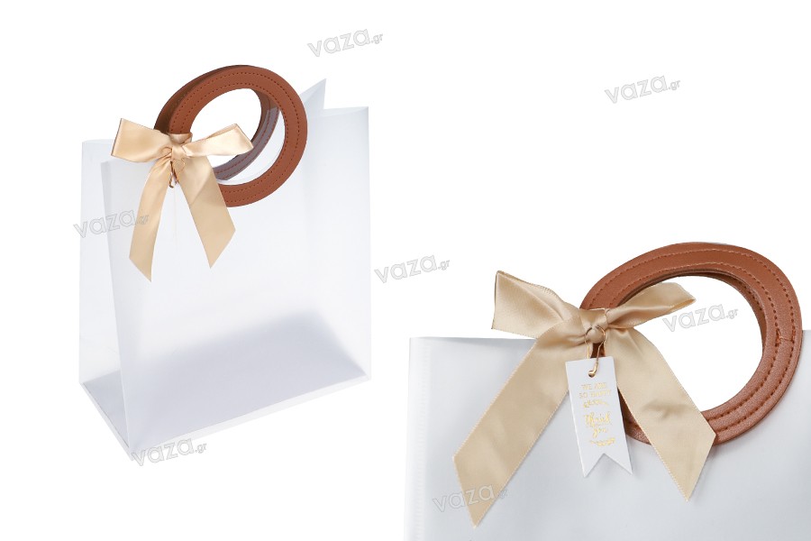 Gift bag plastic 200x100x220 mm semi transparent with bow and handle in leather texture - 12 pcs