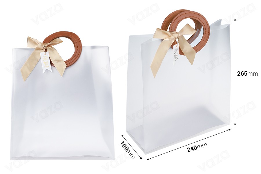 Sac cadeau en plastique 240x100x265 mm translucide avec nœud et poignée en texture cuir - 12 pcs Sac cadeau en plastique 240x100x265 mm translucide avec nœud et poignée en texture cuir - 12 pcs-εικόνα_διαστάσεις