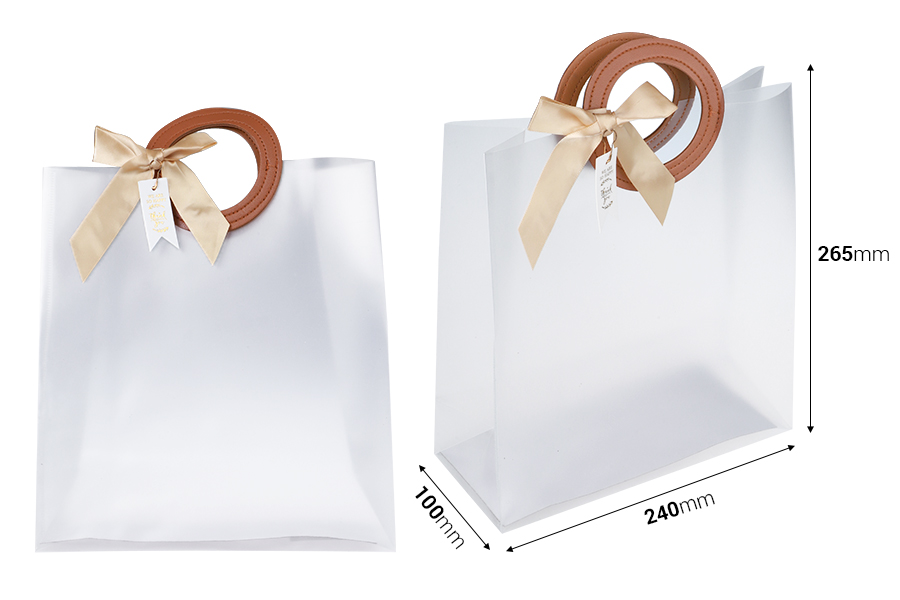 Geschenktüte aus Plastik 240x100x265 mm halb-durchsichtig mit Schleife und Griff in Lederdruck - 12 Stück Geschenktüte aus Plastik 240x100x265 mm halb-durchsichtig mit Schleife und Griff in Lederdruck - 12 Stück