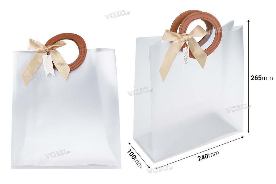 Τσάντα δώρου πλαστική 240x100x265 mm ημιδιάφανη με φιόγκο και χερούλι σε δερμάτινη υφή - 12 τμχ