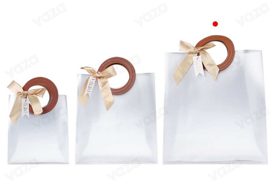 Geschenktüte aus Plastik 240x100x265 mm halb-durchsichtig mit Schleife und Griff in Lederdruck - 12 Stück-bildgruppe