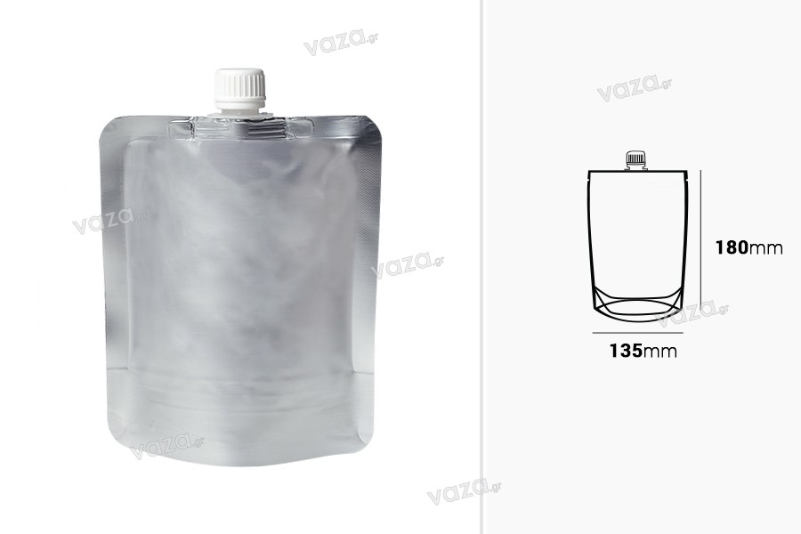 Aluminum Doypack stand-up spout pouch, 300 ml with a white cap  - 50 pcs