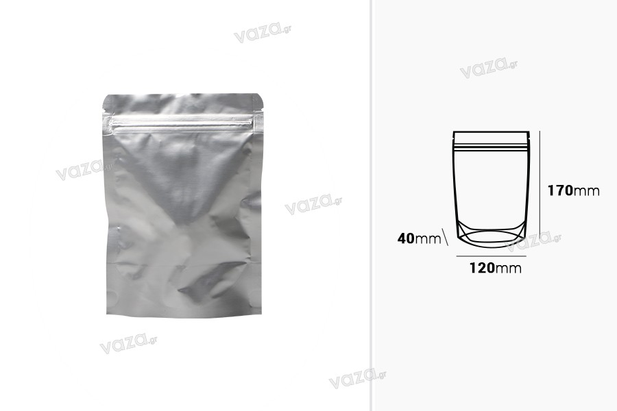 Sachets en aluminium (type Doypack) 120 x 40 x 170 mm avec fermeture zip et possibilité de thermoscellage - 100 pcs