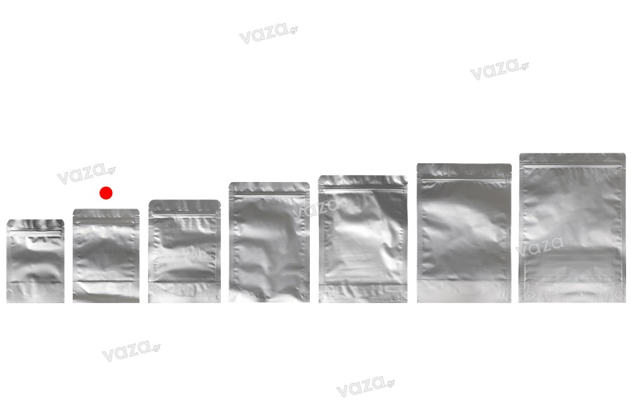 Sachets en aluminium (type Doypack) 120 x 40 x 170 mm avec fermeture zip et possibilité de thermoscellage - 100 pcs