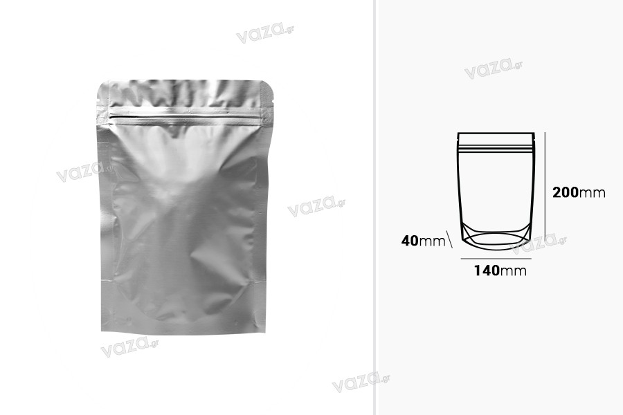 Sachets en aluminium (type Doypack) 140 x 40 x 200 mm avec fermeture zip et  possibilité de thermoscellage - 100 pcs