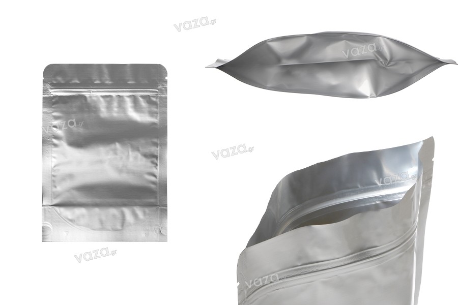 Sachets en aluminium (type Doypack) 140 x 40 x 200 mm avec fermeture zip et  possibilité de thermoscellage - 100 pcs