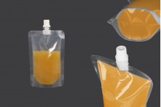 Doypack stand-up pouch packaging (flask) transparent 200 ml with white cap