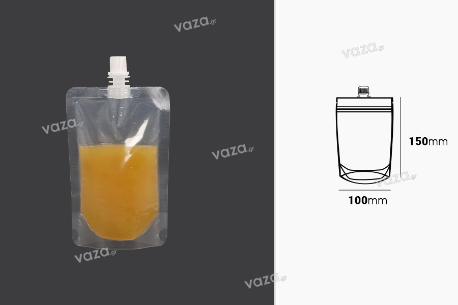 Doypack stand-up pouch packaging (flask) transparent 200 ml with white cap
