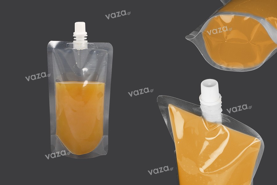 Sacchetto del becco tipo Doy Pack trasparente da 250 ml con tappo bianco