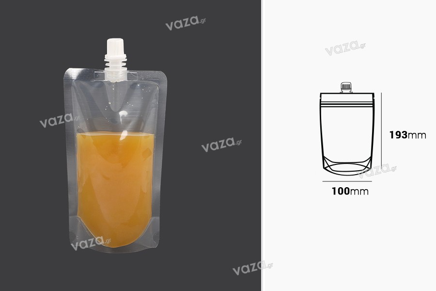 Doypack stand-up pouch packaging (flask) transparent 250 ml with white cap