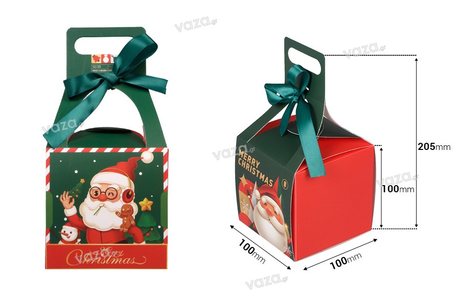Χριστουγεννιάτικο κουτί δώρου με χερούλι και κορδέλα 100x100x100 mm - 25 τμχ