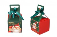 Christmas gift box with handle and ribbon 100x100x100 mm - 50 pcs