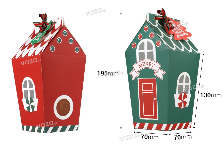 Χριστουγεννιάτικο χάρτινο κουτί δώρου 70x70x195 mm σε σχήμα σπιτάκι με κορδέλα και καρτελάκι  - 10 τμχ