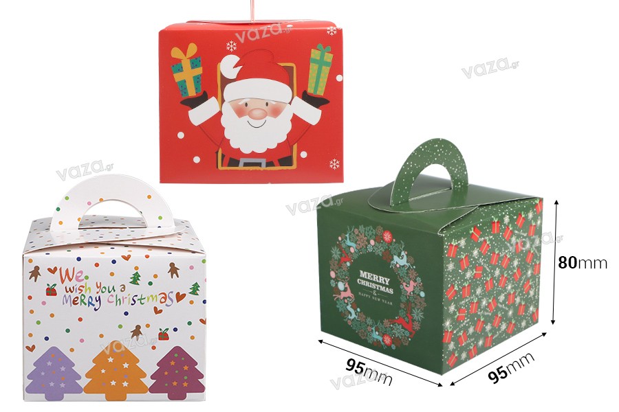 Christmas paper gift box 95x95x80 mm with handle - 10 pcs