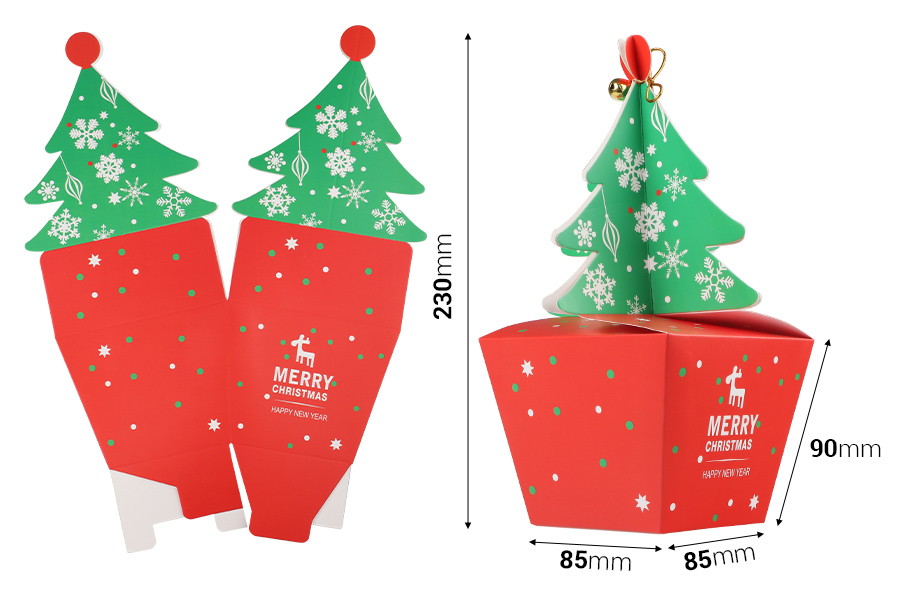 Christmas paper gift box 85x85x230mm with christmaw tree and bell - 10 pcs