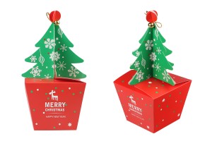 Christmas paper gift box 85x85x230 mm with christmaw tree and bell - 10 pcs-1