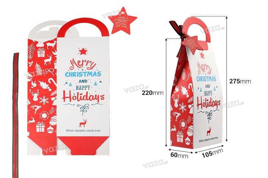 Χριστουγεννιάτικη χάρτινη τσάντα δώρου 105x60x275 mm με χερούλι, κορδέλα και καρτελάκι - 10 τμχ