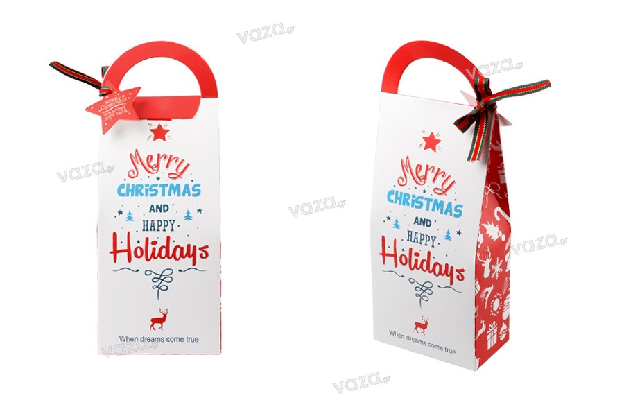 Χριστουγεννιάτικη χάρτινη τσάντα δώρου 105x60x275 mm με χερούλι, κορδέλα και καρτελάκι - 10 τμχ