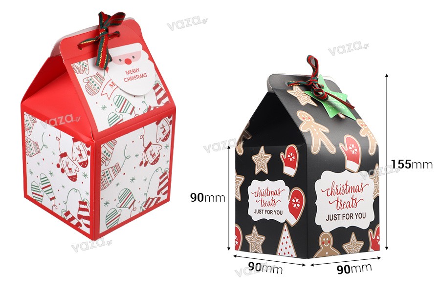 Χριστουγεννιάτικο χάρτινο κουτί δώρου 90x90x155 mm με κορδέλα και καρτελάκι  - 10 τμχ