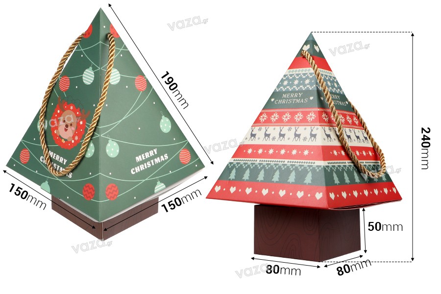 Χριστουγεννιάτικο χάρτινο κουτί δώρου 150x150x240 mm σε σχήμα δέντρου με κορδόνι - 10 τμχ