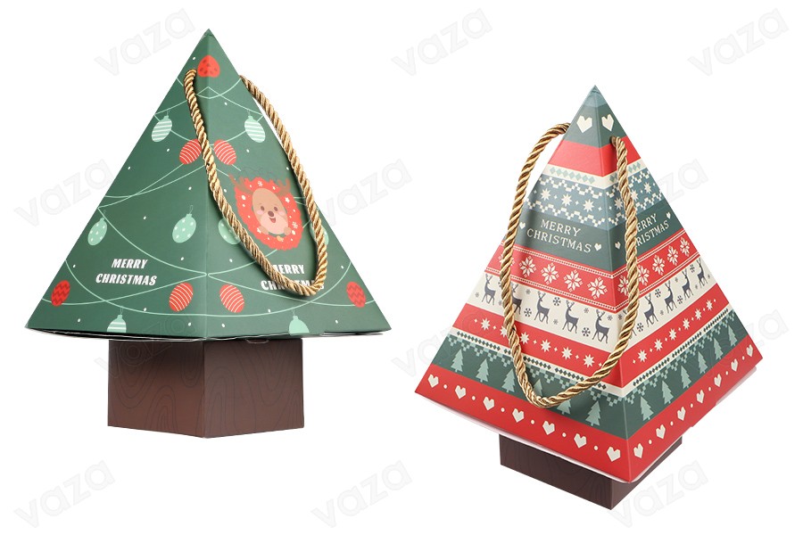 Christmas paper gift box 150x150x240mm in tree shape with cord - 10 pcs-εικόνα_προϊοντική
