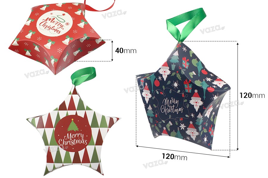 Χριστουγεννιάτικο χάρτινο κουτί δώρου - στολίδι σε σχήμα αστέρι 120x40x120 mm με κορδέλα - 10 τμχ