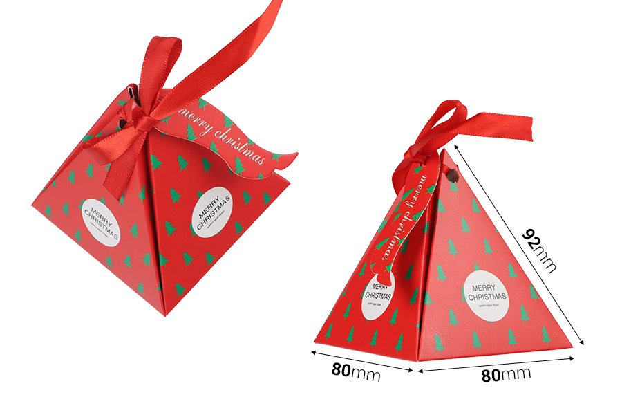Christmas paper gift box 80x80x92 mm in pyramid shape with ribbon and greeting card/tag - 10 pcs Christmas paper gift box 80x80x92 mm in pyramid shape with ribbon and greeting card/tag - 10 pcs