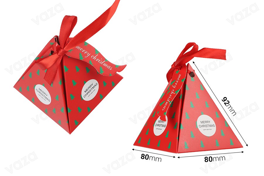Christmas paper gift box 80x80x92mm in pyramid shape with ribbon and greeting card/tag - 10 pcs-bildabmessungen