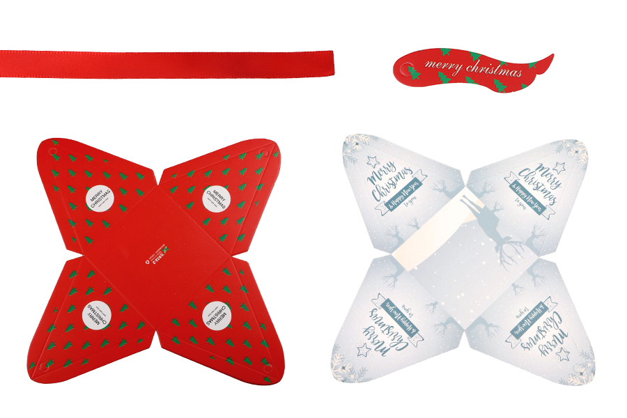 Christmas paper gift box 80x80x92 mm in pyramid shape with ribbon and greeting card/tag - 10 pcs Christmas paper gift box 80x80x92 mm in pyramid shape with ribbon and greeting card/tag - 10 pcs